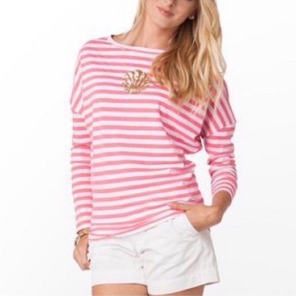 LILLY PULITZER BABY PINK WHITE STRIPED GOLDTONE SEQUIN STRIPED LONG SLEEVE TOP S